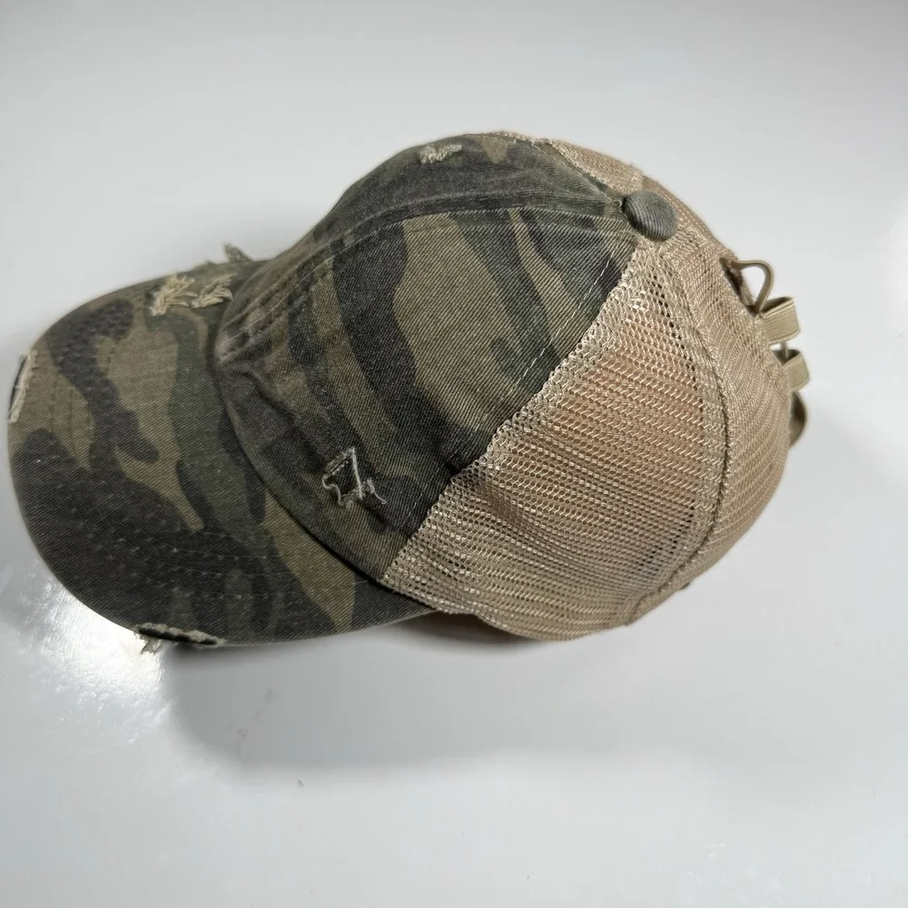 C.C Exclusives Distressed Camo Criss-Cross Ponytail Baseball Hat Tan Mesh Back